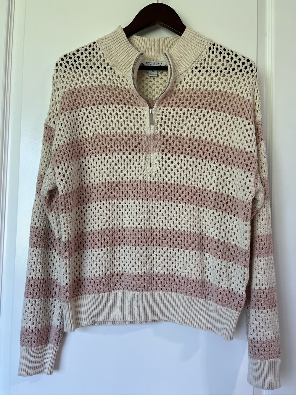 Modern Supply by Sanctuary Half Zip Open Work Striped Knit Sweater Pink Medium - Picture 2 of 7